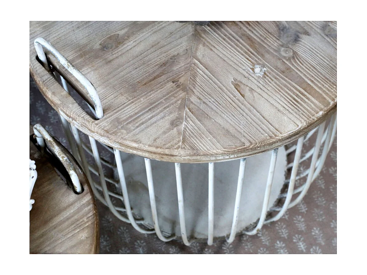 Set de 2 tables basse en bois de cyprès marron et blanc Ø.57 x Ht.48cm