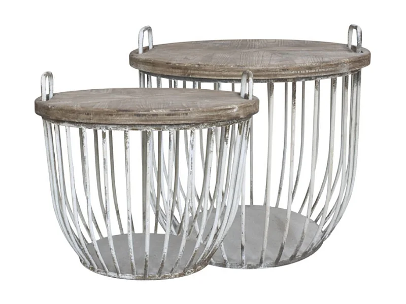 Set de 2 tables basse en bois de cyprès marron et blanc Ø.57 x Ht.48cm