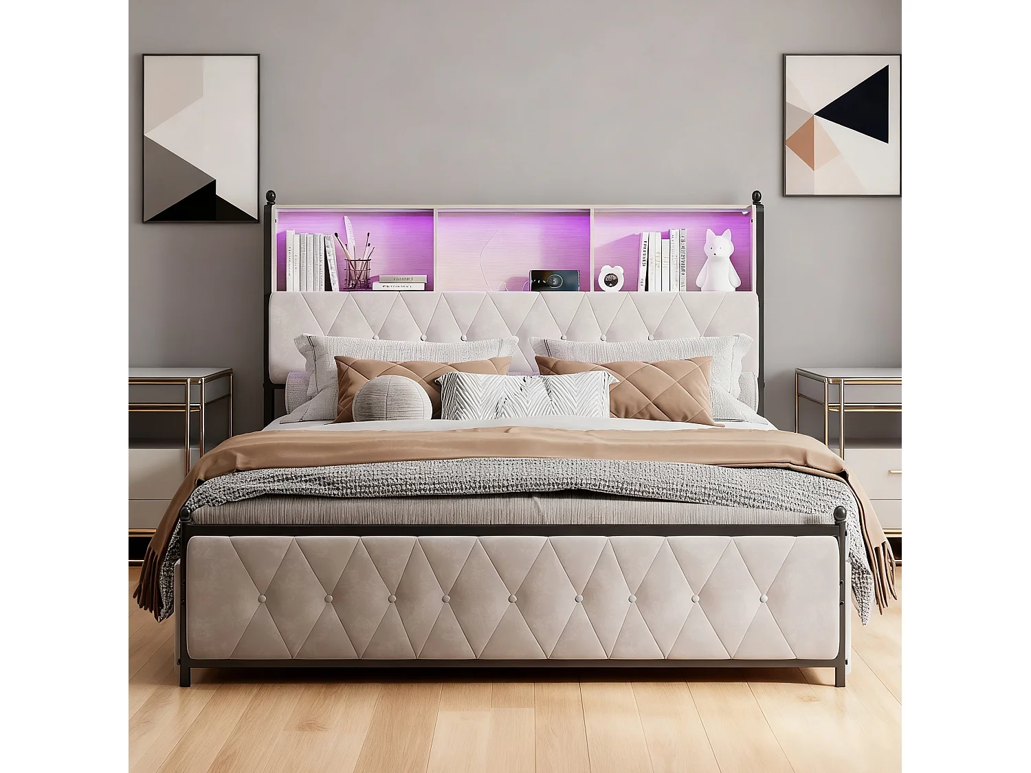 Lit double 160x200 cm  avec sommier à lattes - lit rembourré 160x200 cm - lit adulte avec éclairage LED et recharge USB - 4 tiroirs - velours - beige