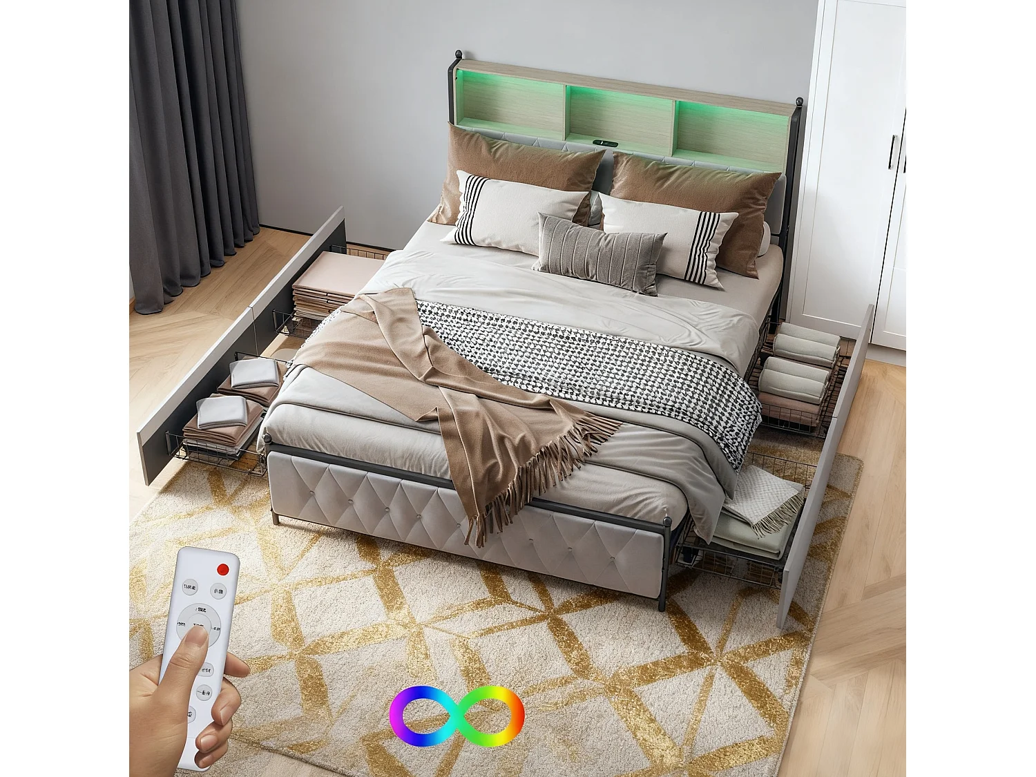 Lit double 160x200 cm avec sommier à lattes, 4 tiroirs, LED et USB, tête de lit rembourrée en velours beige