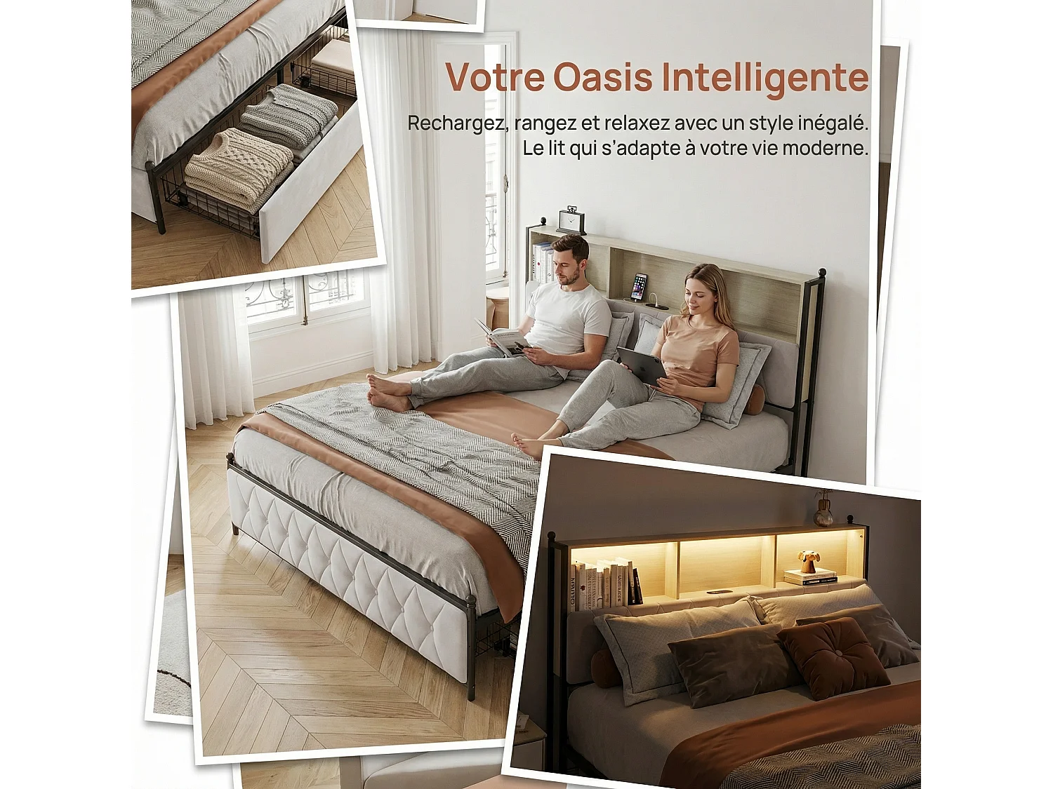 Lit double 160x200 cm avec sommier à lattes, 4 tiroirs, LED et USB, tête de lit rembourrée en velours beige