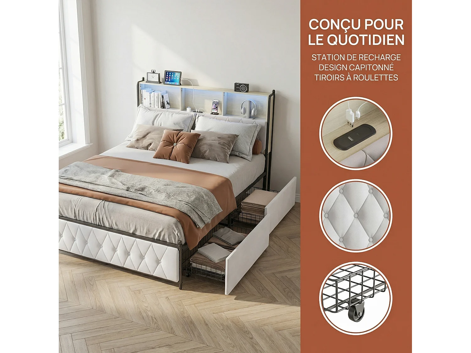 Lit double 160x200 cm avec sommier à lattes, 4 tiroirs, LED et USB, tête de lit rembourrée en velours beige