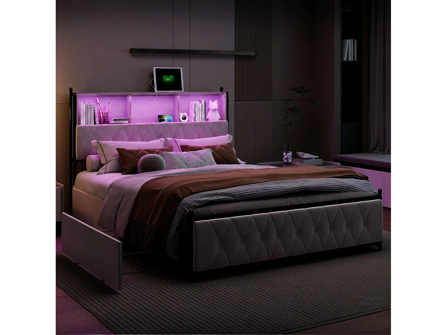 Lit double 160x200 cm avec sommier à lattes, 4 tiroirs, LED et USB, tête de lit rembourrée en velours beige