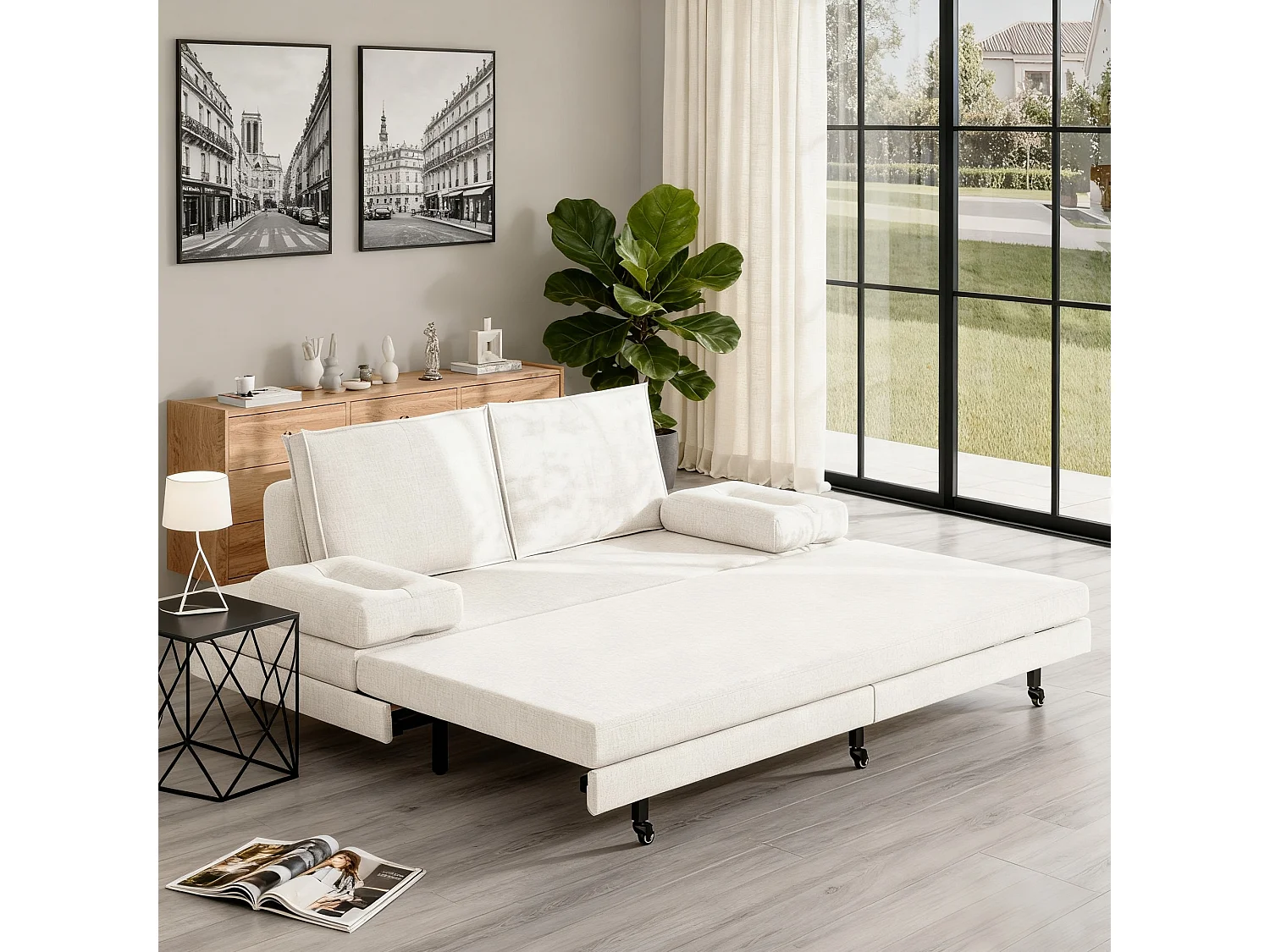 Canapé-lit Extensible 90x200 cm, Canapé avec Fonction de Couchage, Canapé-lit 2 en 1 avec sommier à latte, Canapé convertible 2 places en lin - blanc