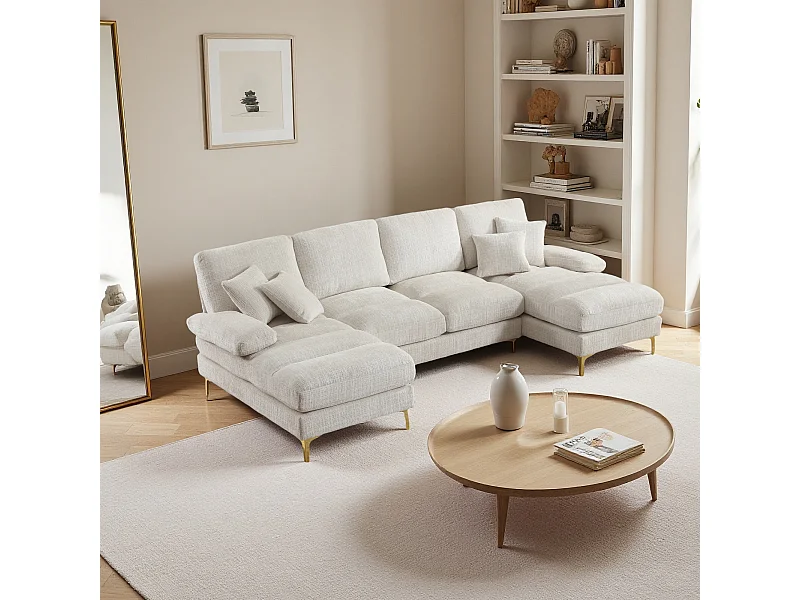 Canapé d'angle moderne en U en chenille avec deux assises，Canapé panoramique， - 4 places - blanc