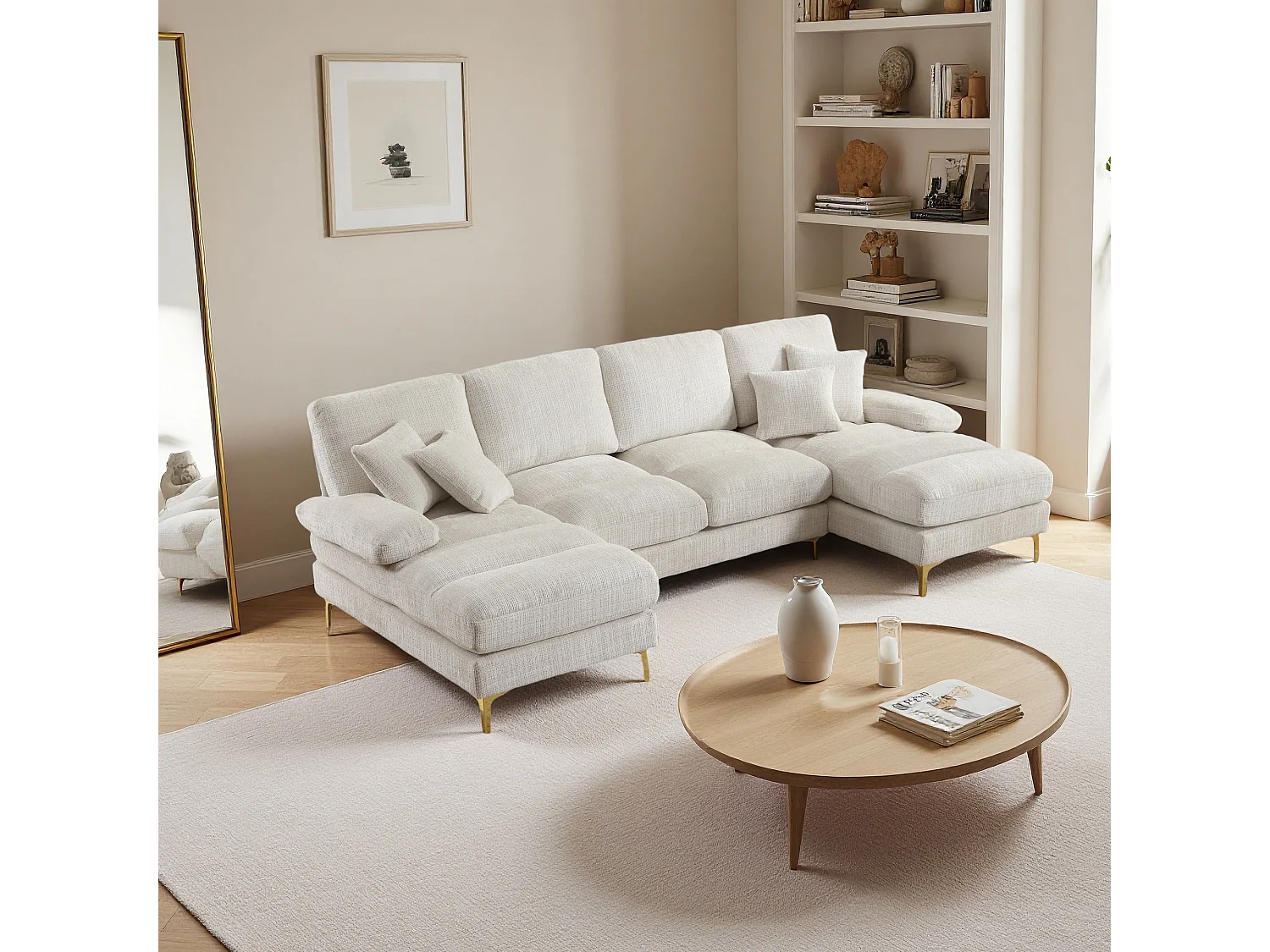 Canapé d'angle moderne en U en chenille avec deux assises，Canapé panoramique， - 4 places - blanc