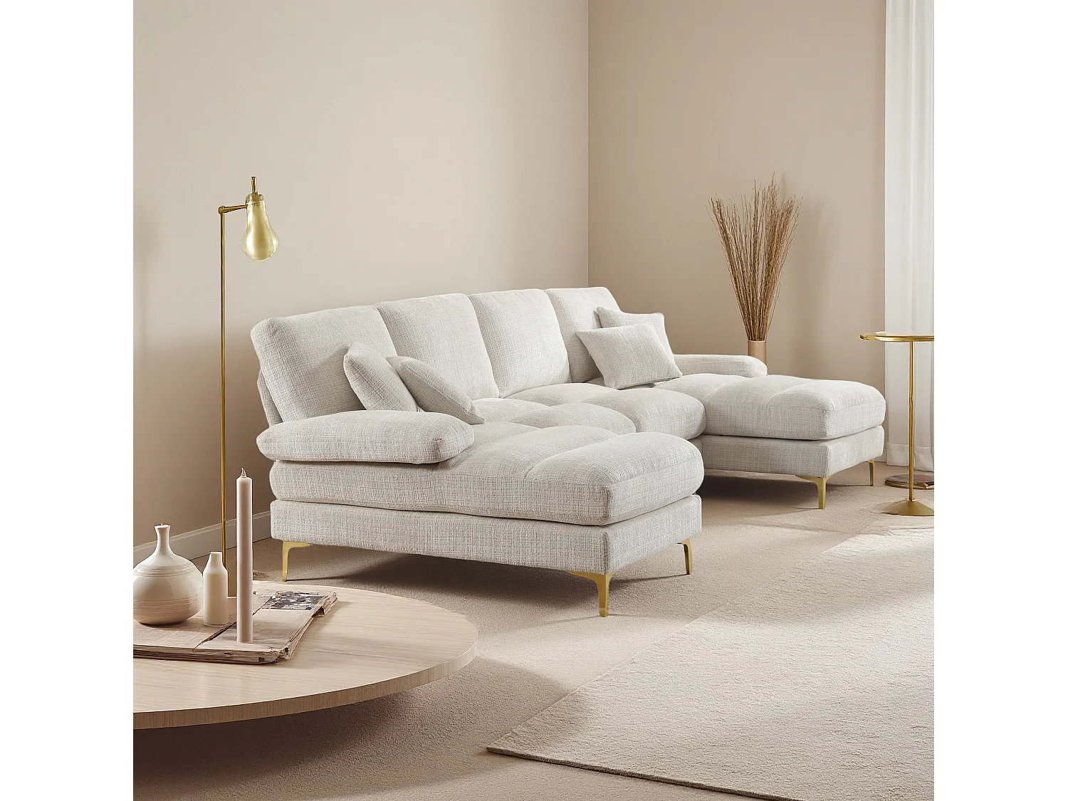 Canapé d'angle moderne en U en chenille avec deux assises，Canapé panoramique， - 4 places - blanc