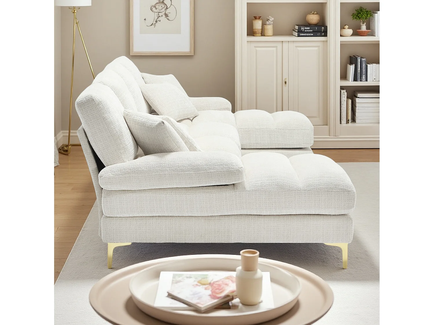 Canapé d'angle moderne en U en chenille avec deux assises，Canapé panoramique， - 4 places - blanc