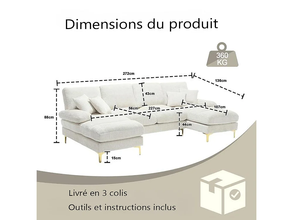 Canapé d'angle moderne en U en chenille avec deux assises，Canapé panoramique， - 4 places - blanc