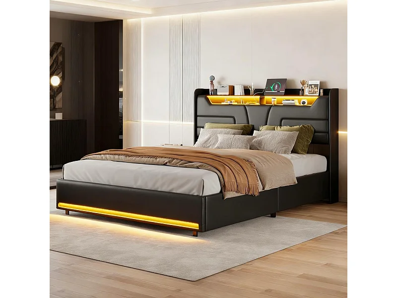 Lit adulte 160x200 cm avec sommier à lattes, lit double 160x200 cm coffre rangement soldes, Lit capitonné en tissu PU 160x200 cm - LED - USB - Noir