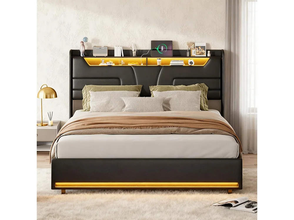 Lit adulte 160x200 cm avec sommier à lattes, lit double 160x200 cm coffre rangement soldes, Lit capitonné en tissu PU 160x200 cm - LED - USB - Noir