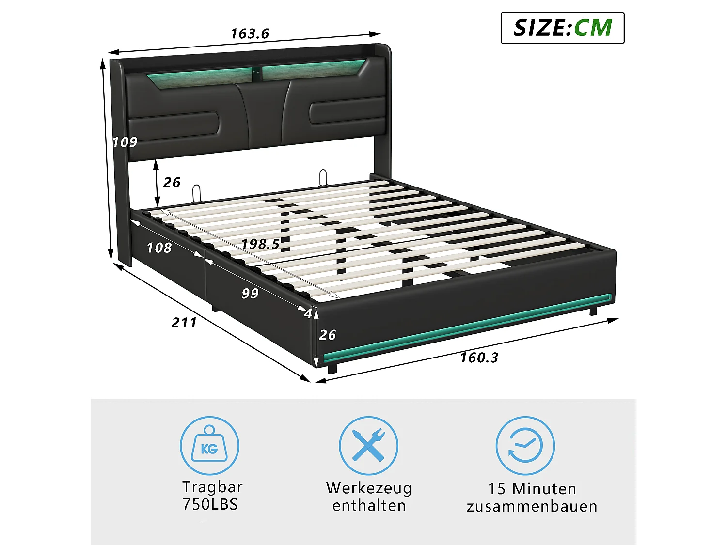 Lit adulte 160x200 cm avec sommier à lattes, lit double 160x200 cm coffre rangement soldes, Lit capitonné en tissu PU 160x200 cm - LED - USB - Noir
