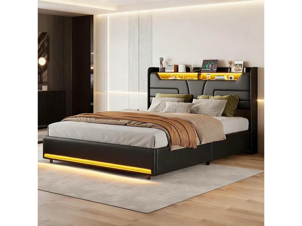 Lit adulte 160x200 cm avec sommier à lattes, lit double 160x200 cm coffre rangement soldes, Lit capitonné en tissu PU 160x200 cm - LED - USB - Noir