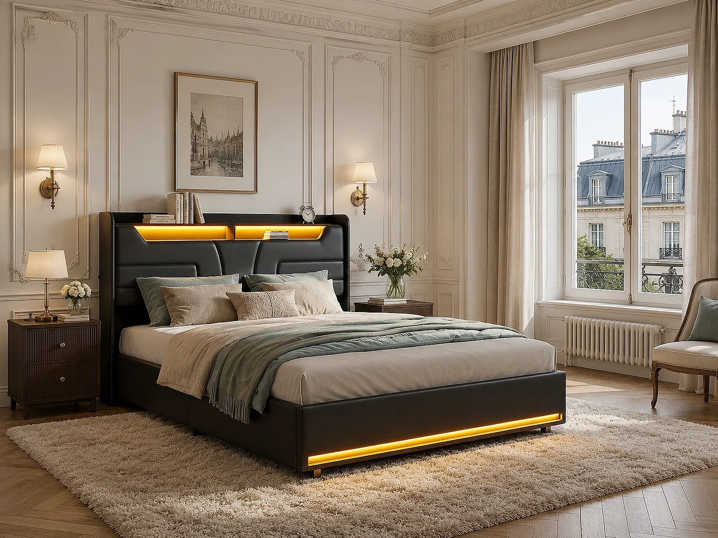 Lit coffre capitonné 160x200 cm avec sommier à lattes, rangement, LED et USB, PU noir