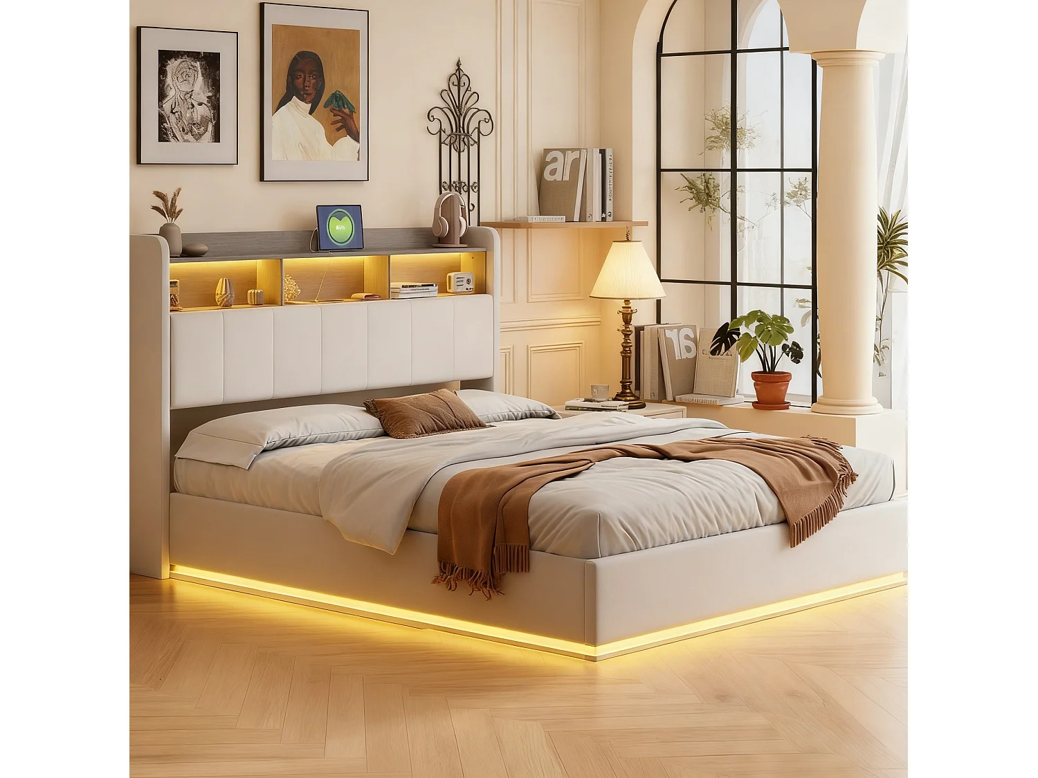 Lit coffre 160x200 cm avec sommier à latte,  lit adulte 160x200 cm avec LED et USB, lit capitonné en tissu velours 160x200 cm, lit double 160x200 cm soldes - blanc