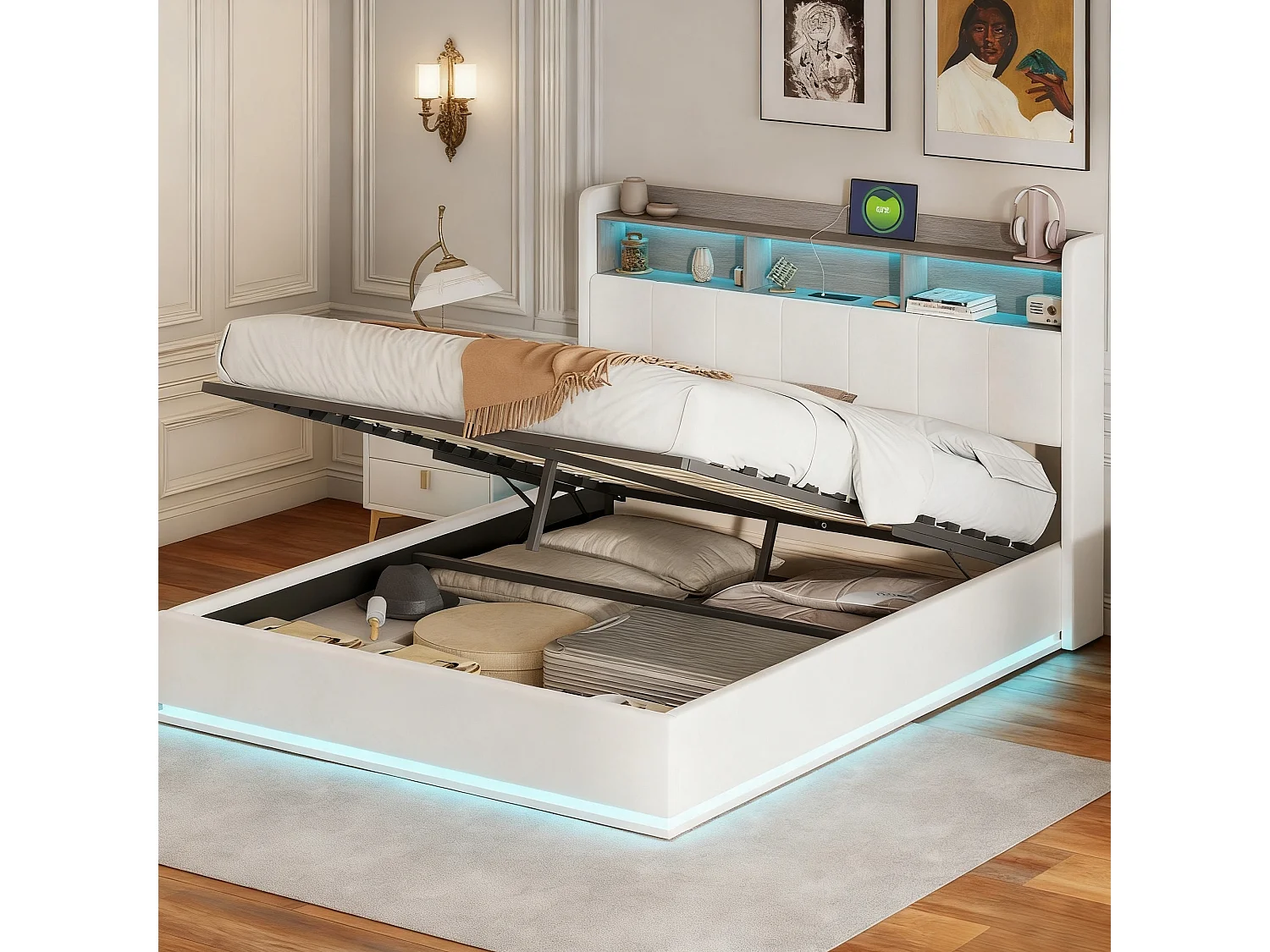 Lit coffre 160x200 cm avec sommier à latte,  lit adulte 160x200 cm avec LED et USB, lit capitonné en tissu velours 160x200 cm, lit double 160x200 cm soldes - blanc