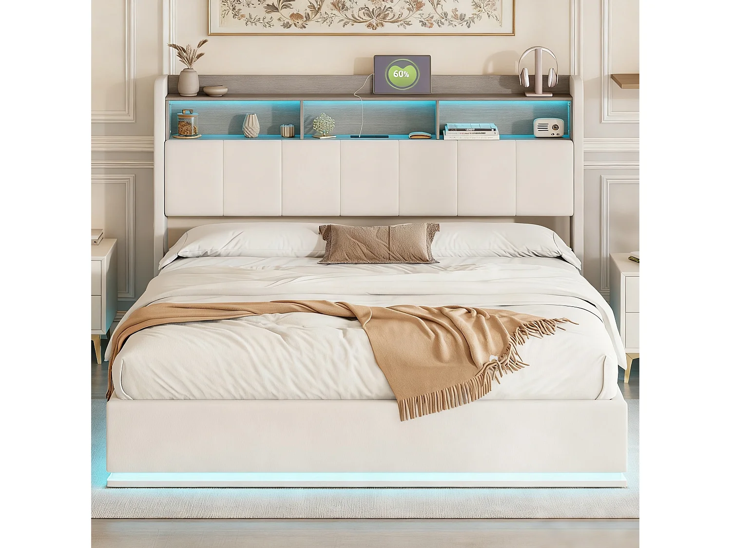 Lit coffre 160x200 cm avec sommier à latte,  lit adulte 160x200 cm avec LED et USB, lit capitonné en tissu velours 160x200 cm, lit double 160x200 cm soldes - blanc