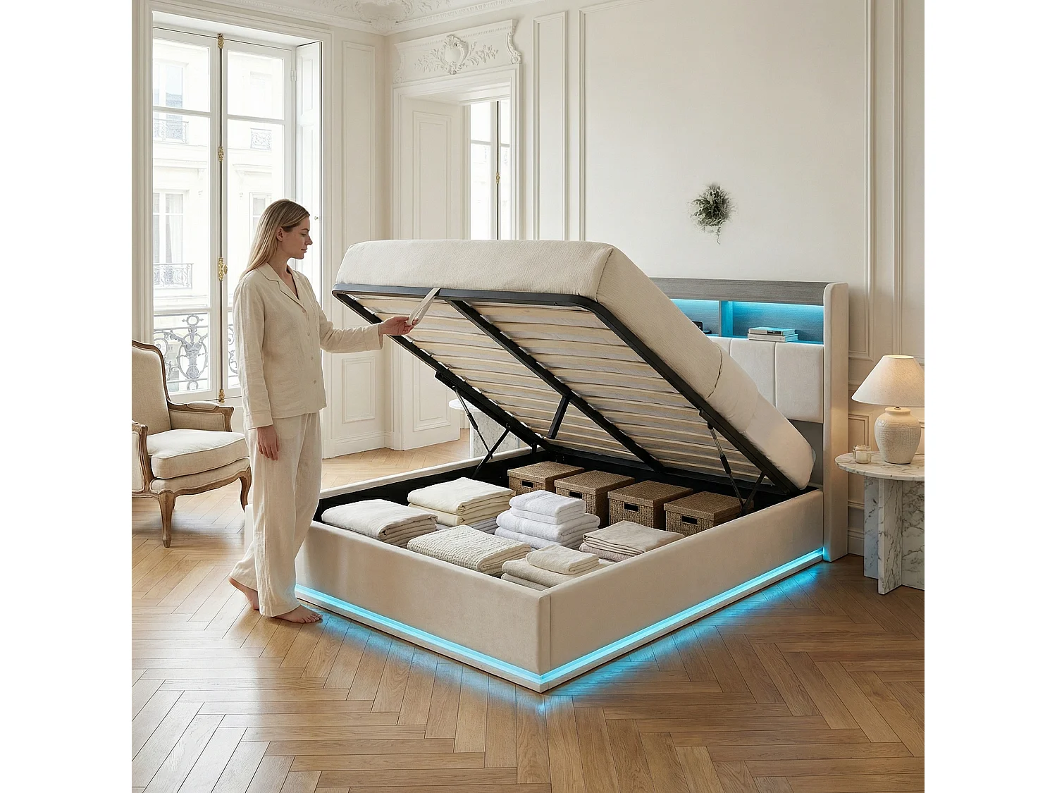 Lit coffre 160x200 cm en velours blanc - Lit double adulte capitonné avec sommier à lattes, éclairage LED intégré et ports USB
