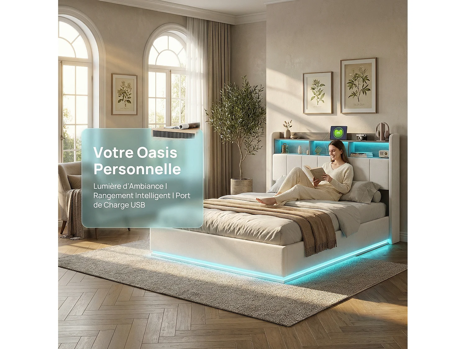Lit coffre 160x200 cm en velours blanc - Lit double adulte capitonné avec sommier à lattes, éclairage LED intégré et ports USB