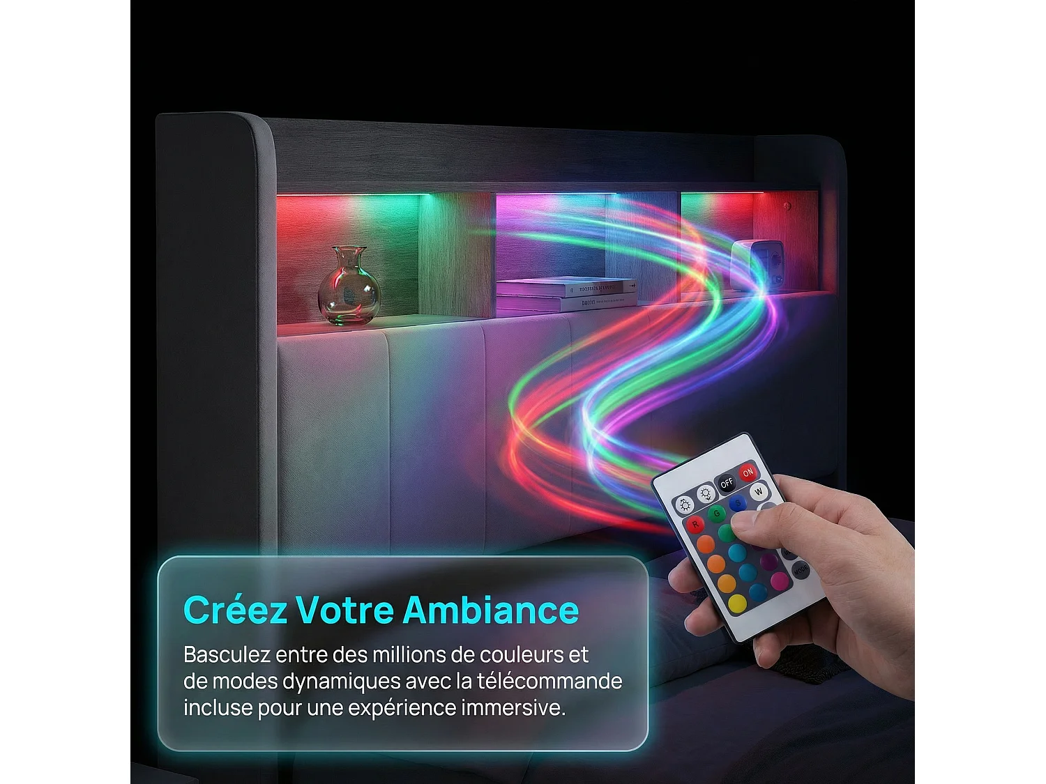 Lit coffre 160x200 cm en velours blanc - Lit double adulte capitonné avec sommier à lattes, éclairage LED intégré et ports USB