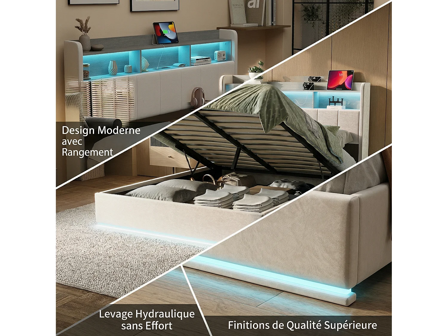 Lit coffre 160x200 cm en velours blanc - Lit double adulte capitonné avec sommier à lattes, éclairage LED intégré et ports USB