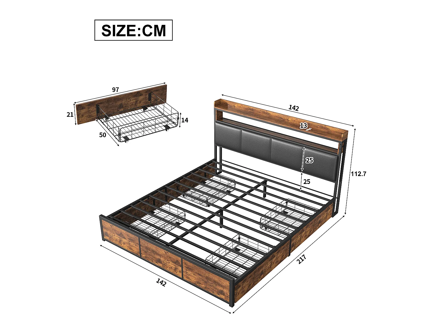 Bed 140x200 cm met LED en USB, volwassen bed 140x200 cm met 4 lades, tweepersoonsbedframe 140x200 cm met lattenbodem, zwart