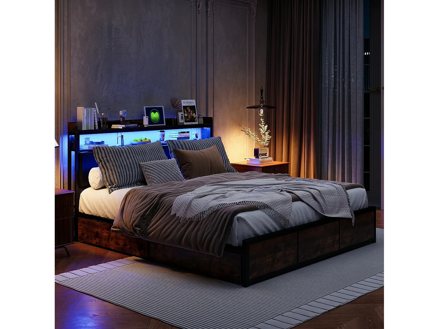 Lit double 140x200 cm avec 4 tiroirs de rangement, sommier à lattes et LED, lit adulte en PU noir avec cadre métal