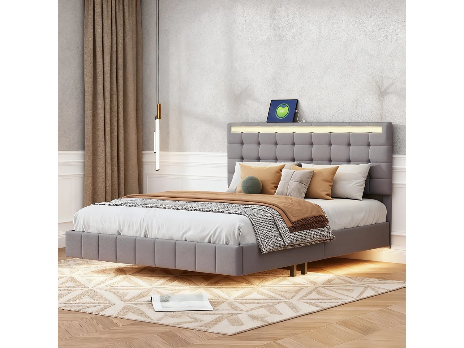 Lit adulte 140x190 capitonné en tissu lin, lit double 140x200 cm avec sommier à lattes - LED - USB - gris