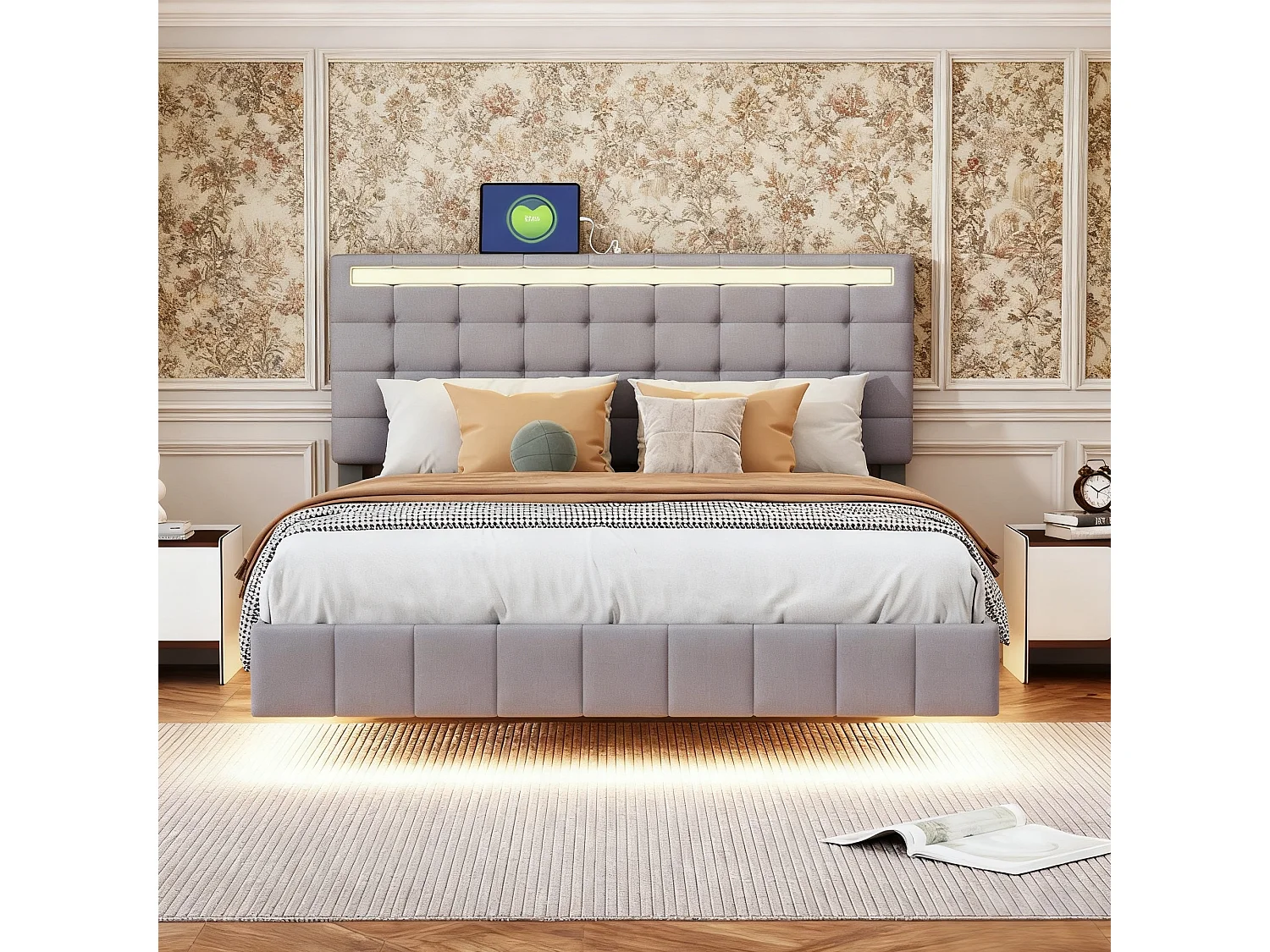 Lit adulte 140x190 capitonné en tissu lin, lit double 140x200 cm avec sommier à lattes - LED - USB - gris