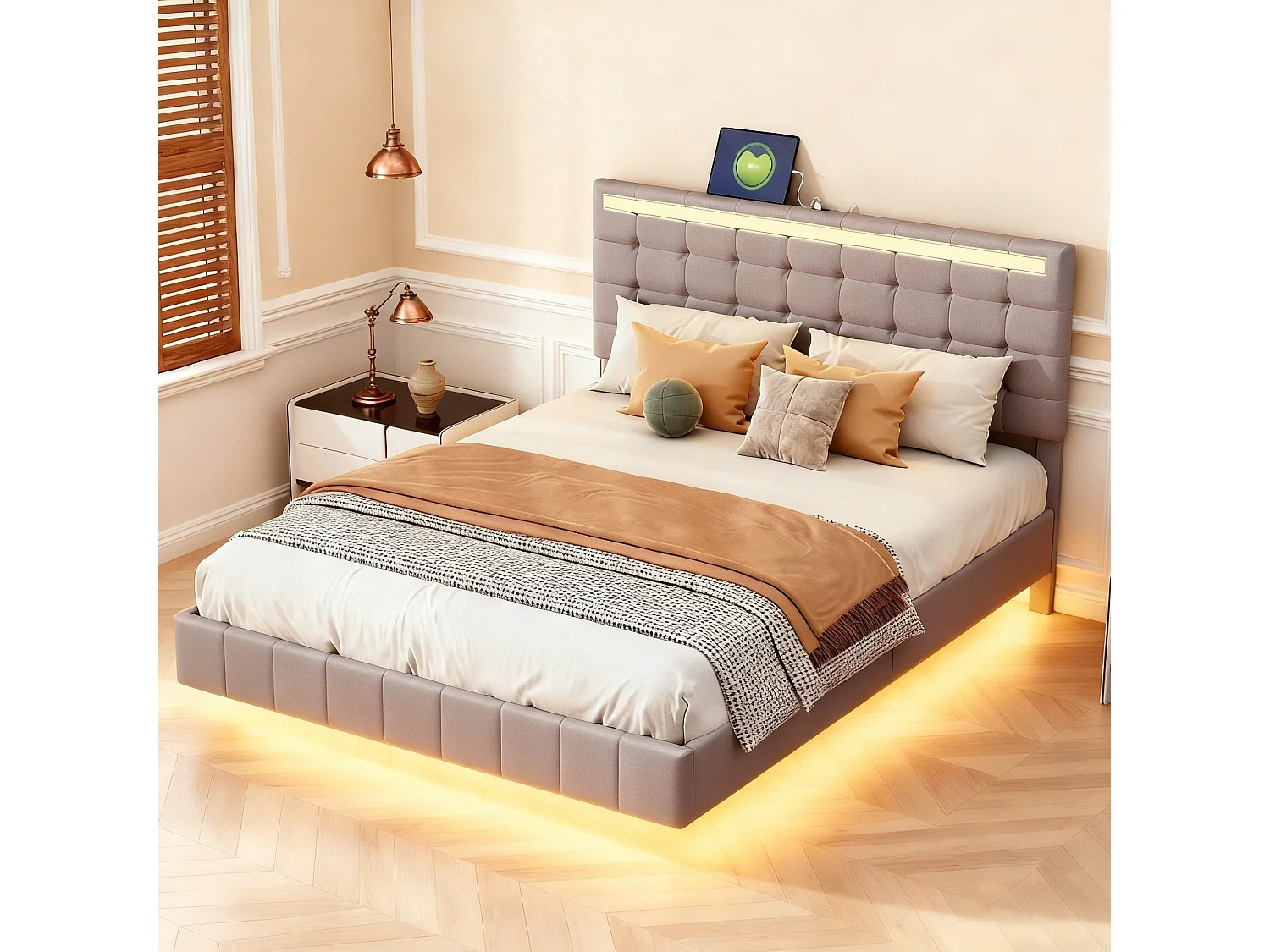 Lit adulte 140x190 capitonné en tissu lin, lit double 140x200 cm avec sommier à lattes - LED - USB - gris