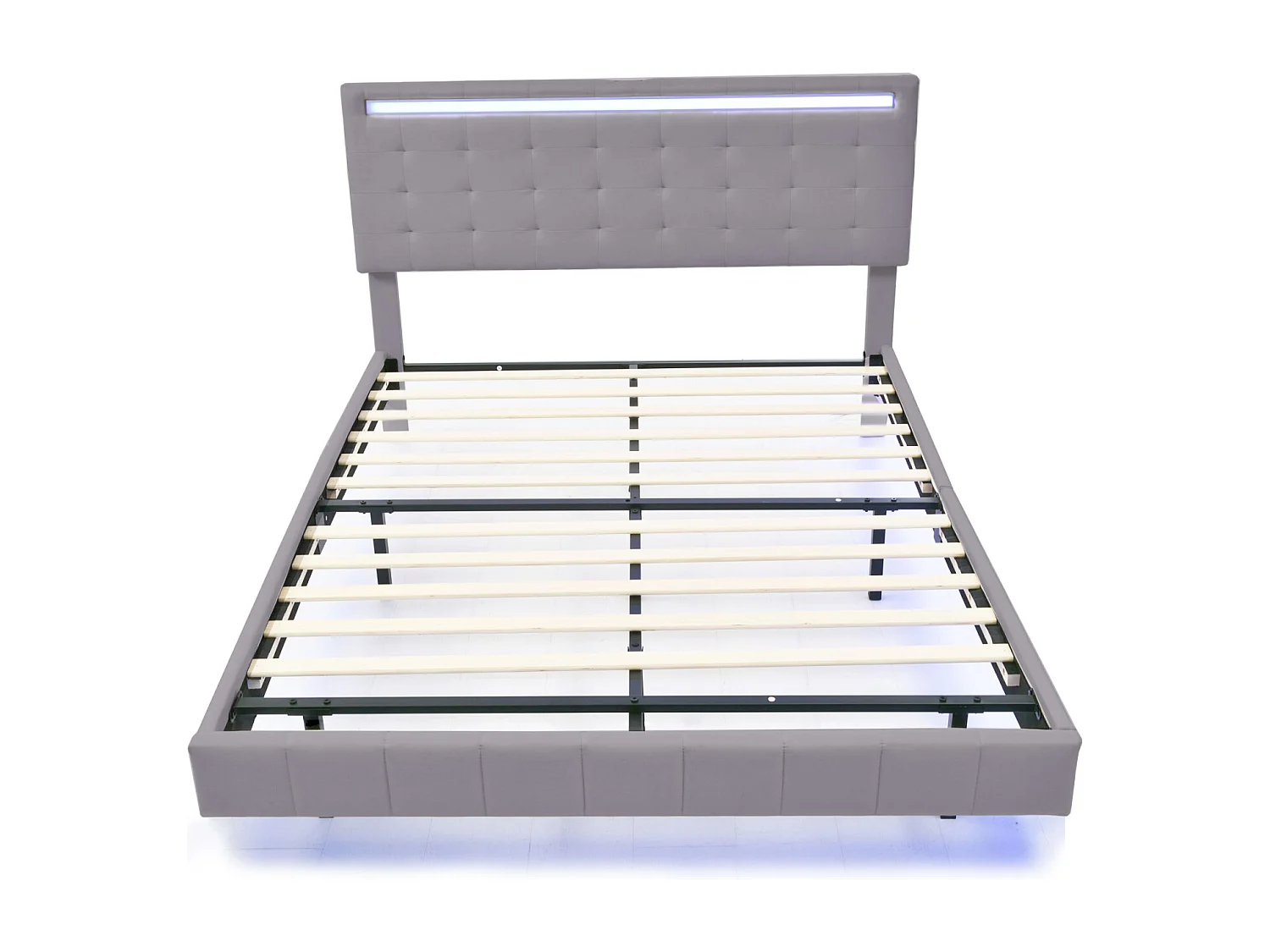 Lit adulte 140x190 capitonné en tissu lin, lit double 140x200 cm avec sommier à lattes - LED - USB - gris