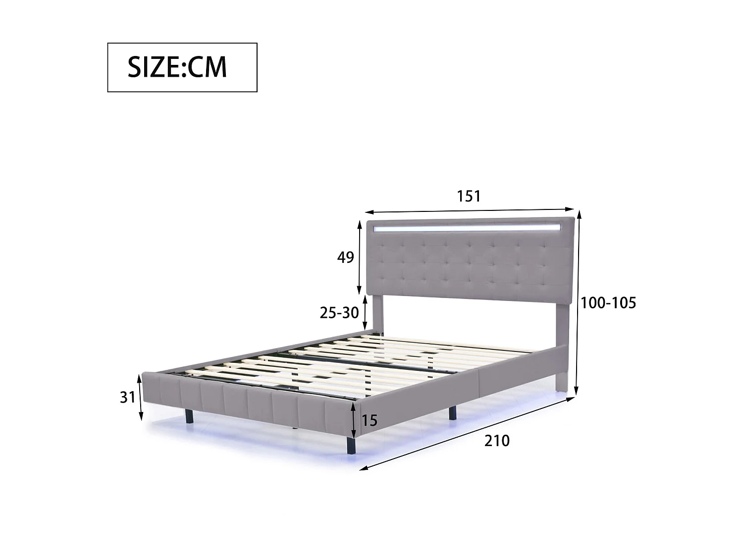 Lit adulte 140x190 capitonné en tissu lin, lit double 140x200 cm avec sommier à lattes - LED - USB - gris