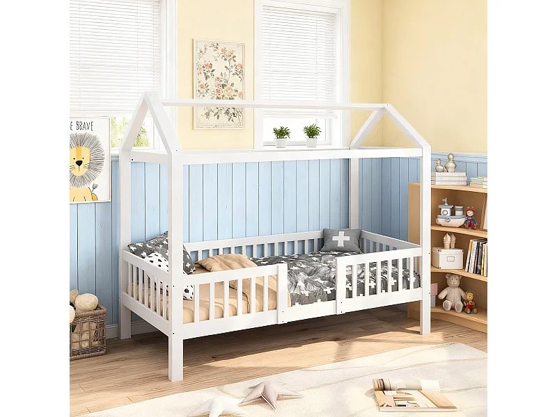 Lit enfant 90x200 cm avec sommier à lattes, cadre en bois massif avec barrières de sécurité, lit maison Montessori 90x200 en Bois, blanc