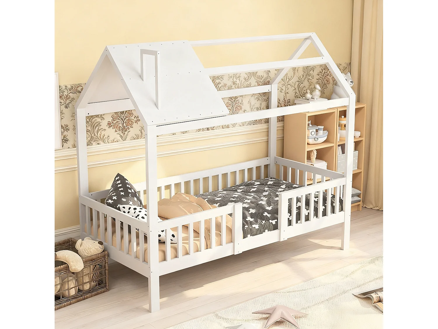 Lit enfant 90x200 cm avec sommier à lattes, cadre en bois massif avec barrières de sécurité, lit maison Montessori 90x200 en Bois, blanc