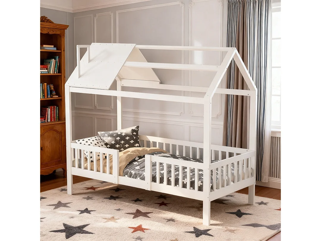 Lit enfant 90x200 cm avec sommier à lattes, cadre en bois massif avec barrières de sécurité, lit maison Montessori 90x200 en Bois, blanc