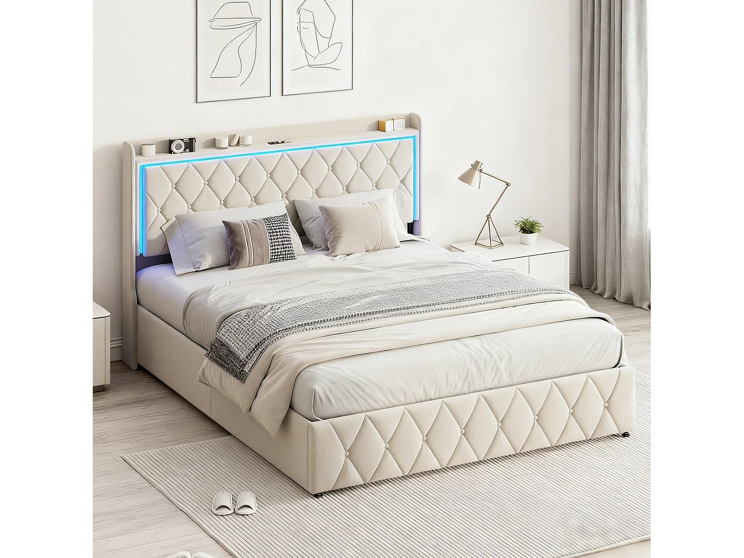 Lit coffre 140x190 cm avec sommier à lattes - lit adulte 140x190 cm - cadre de moderne lit 140x190 cm - matelassé  tissu en velours - beige