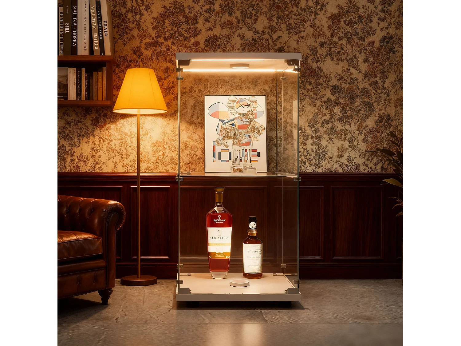 Vitrine en verre  1 portes , vitrine moderne en verre avec 2 étagères en ESG pour objets de collection, livres et vins - serrure avec éclairage LED - 40x35x86 cm -