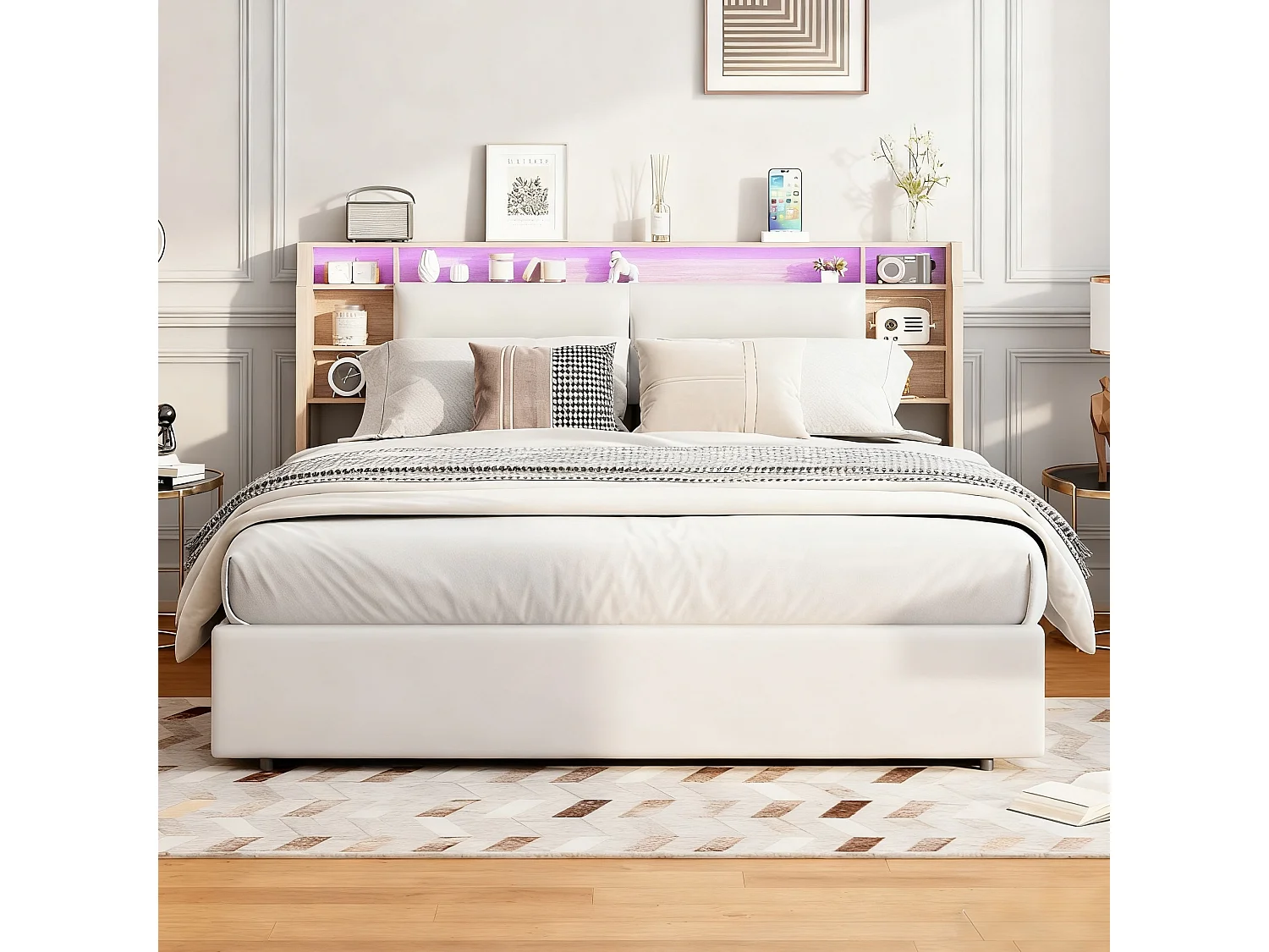 Lit coffre 140x200 cm avec sommier à latte - lit adulte 140x200 cm - LED - lit double 140x200 cm tissu en pu - Style scandinave - blanc