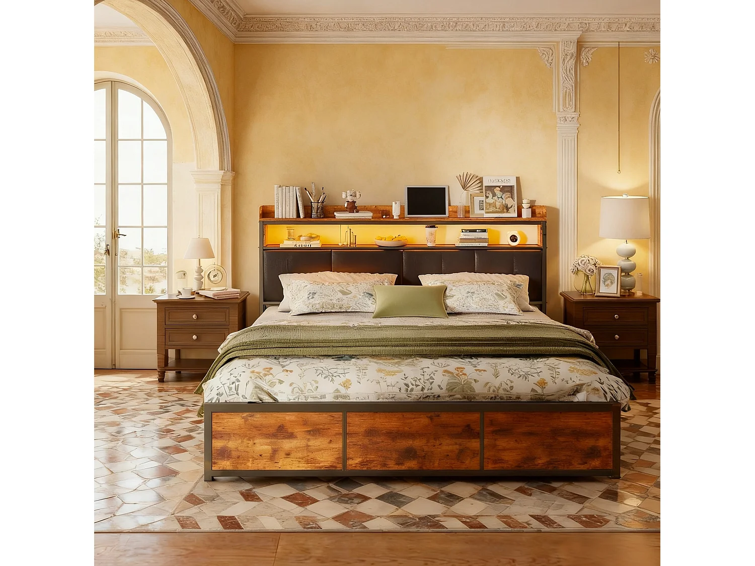 Lit 160x200 cm avec LED en PU, lit adulte 160x200 cm avec 4 tiroir,  cadre de lit double 160x200 cm avec sommier à lattes, lit en fer 160x200 cm - noir