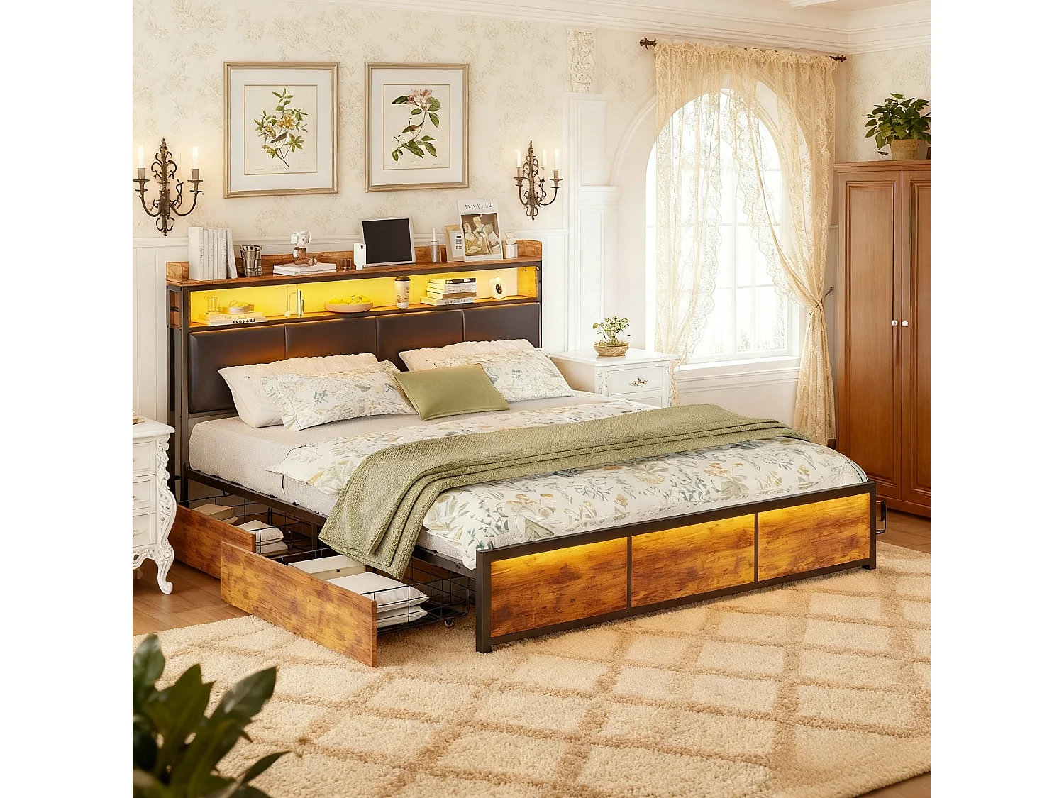 Lit 160x200 cm avec LED en PU, lit adulte 160x200 cm avec 4 tiroir,  cadre de lit double 160x200 cm avec sommier à lattes, lit en fer 160x200 cm - noir