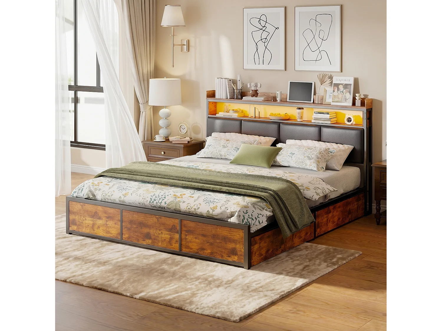 Lit 160x200 cm noir avec sommier à lattes - Lit adulte double avec structure métallique, 4 tiroirs de rangement et éclairage LED intégré