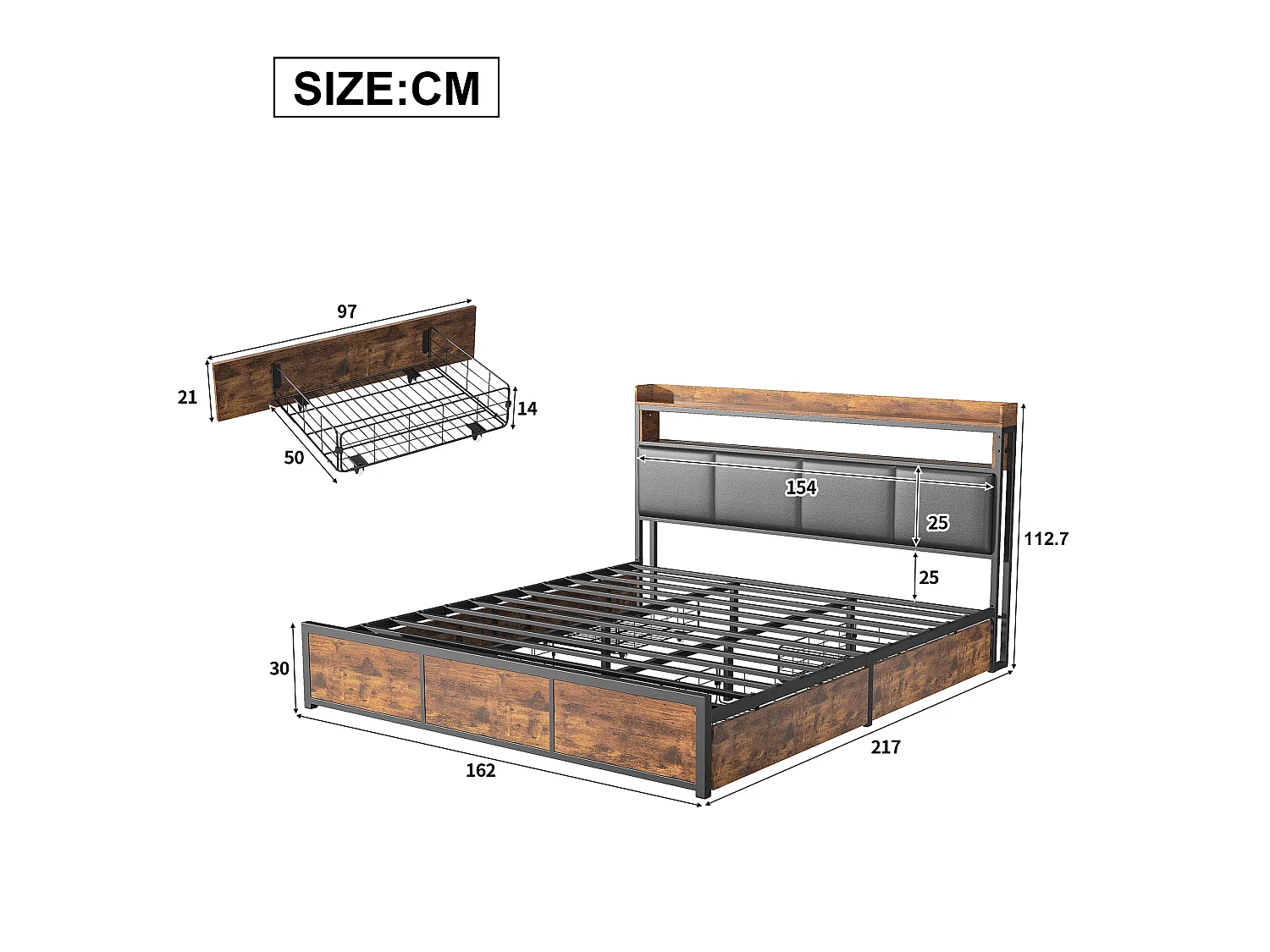 Lit 160x200 cm noir avec sommier à lattes - Lit adulte double avec structure métallique, 4 tiroirs de rangement et éclairage LED intégré