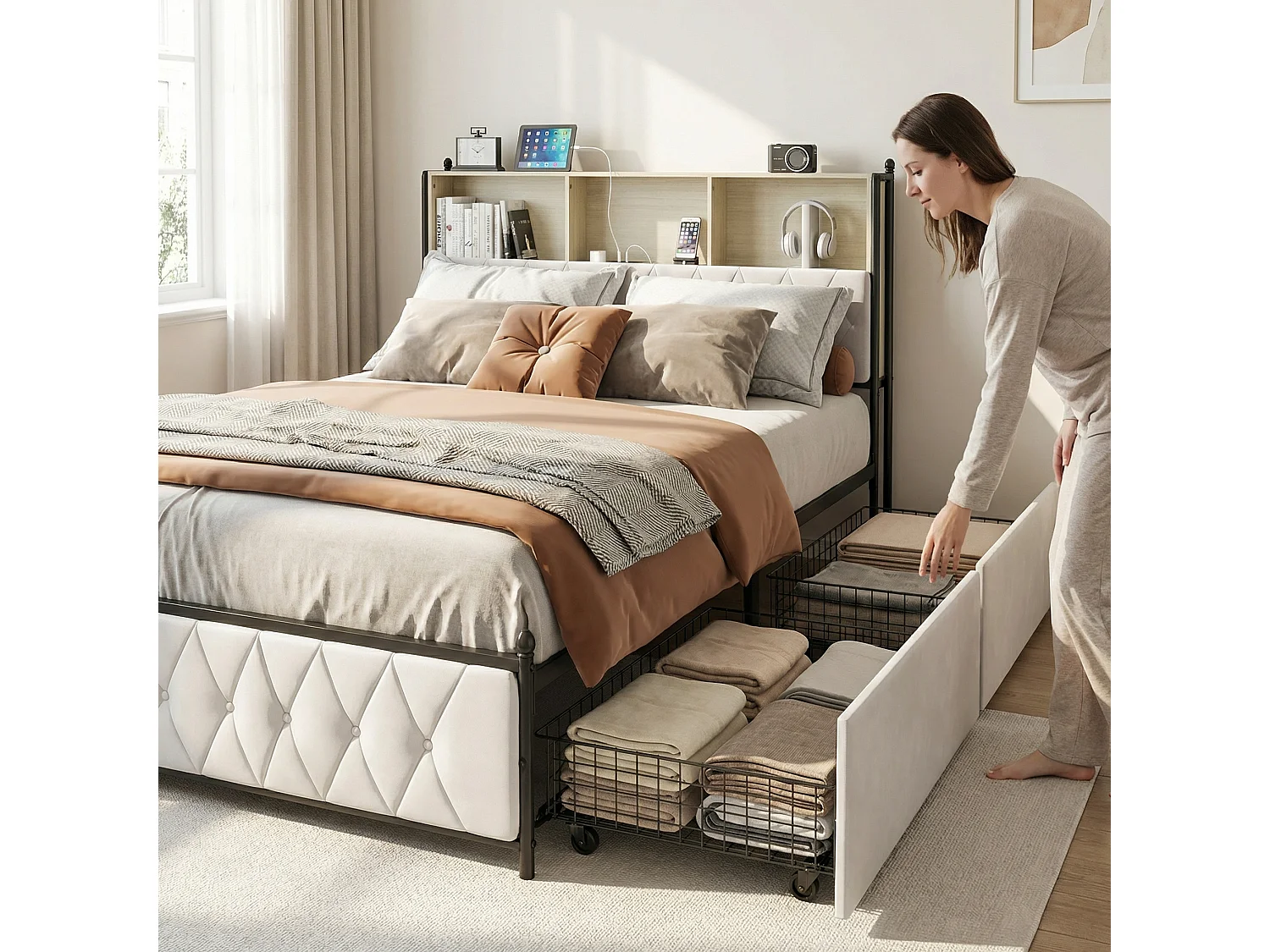 Lit coffre 140x200 cm en velours beige - Lit double adulte rembourré avec 4 tiroirs de rangement, éclairage LED et port USB intégré