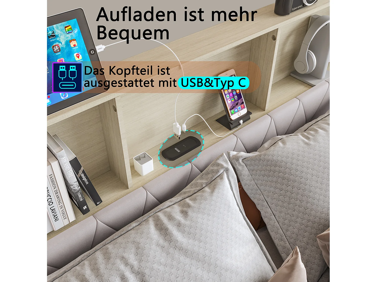 Lit coffre 140x200 cm en velours beige - Lit double adulte rembourré avec 4 tiroirs de rangement, éclairage LED et port USB intégré
