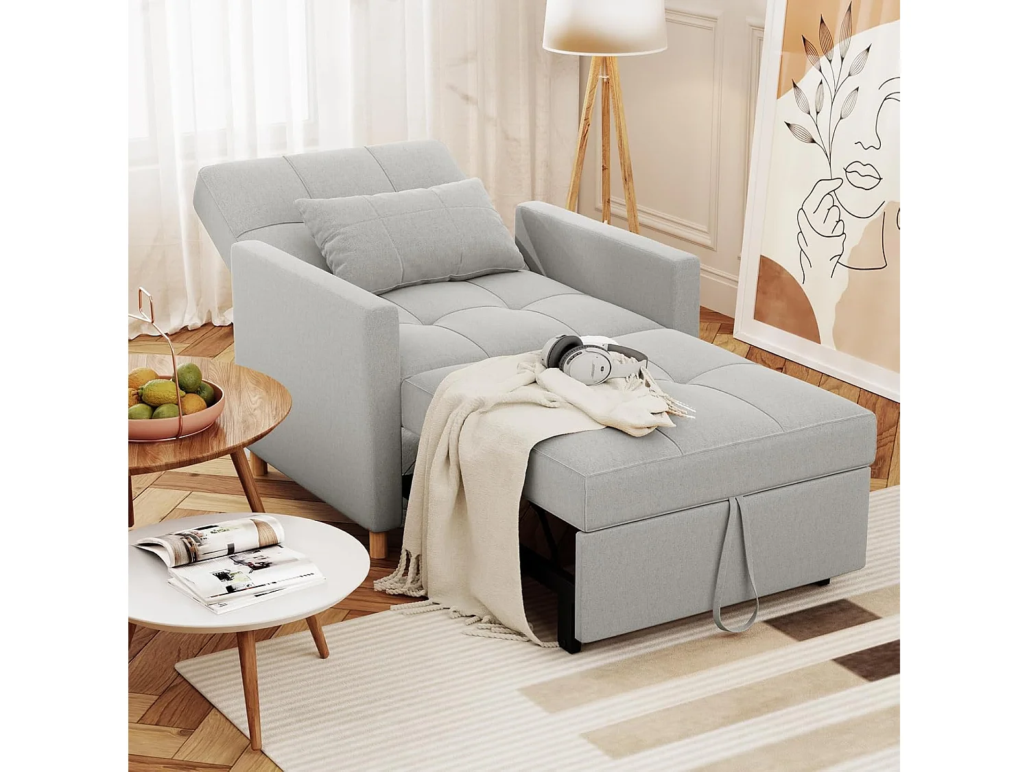 YODOLLA Einzel-Sofa, Bett, Stuhl, 3-in-1-Sessel, wandelbar, verstellbare Stühle, Bett für kleine Räume mit Seitentasche, Grau