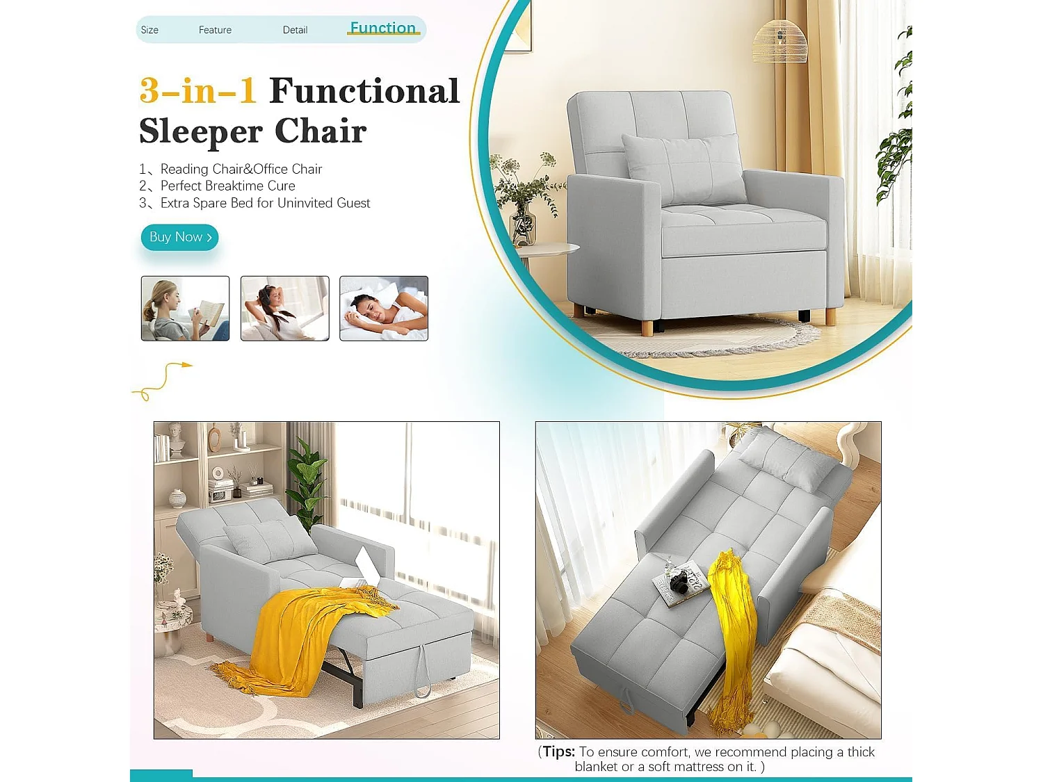 YODOLLA Einzel-Sofa, Bett, Stuhl, 3-in-1-Sessel, wandelbar, verstellbare Stühle, Bett für kleine Räume mit Seitentasche, Grau