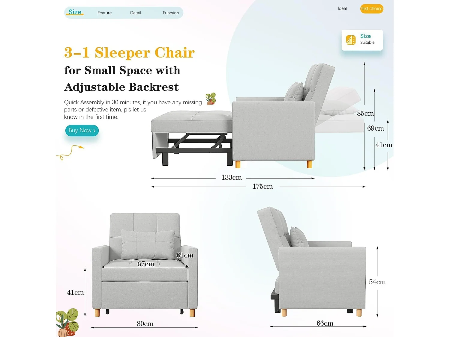 YODOLLA Einzel-Sofa, Bett, Stuhl, 3-in-1-Sessel, wandelbar, verstellbare Stühle, Bett für kleine Räume mit Seitentasche, Grau