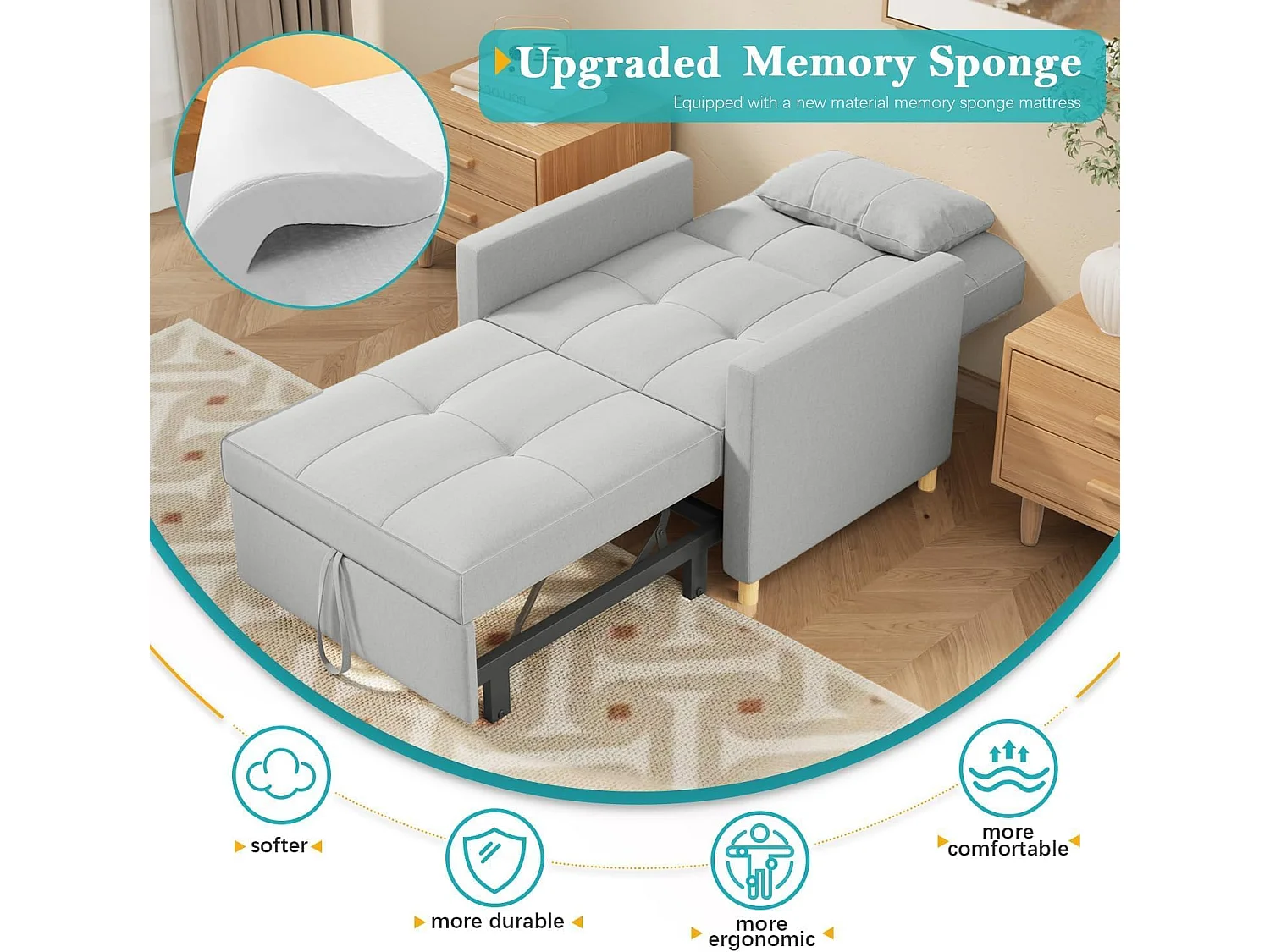 YODOLLA Einzel-Sofa, Bett, Stuhl, 3-in-1-Sessel, wandelbar, verstellbare Stühle, Bett für kleine Räume mit Seitentasche, Grau