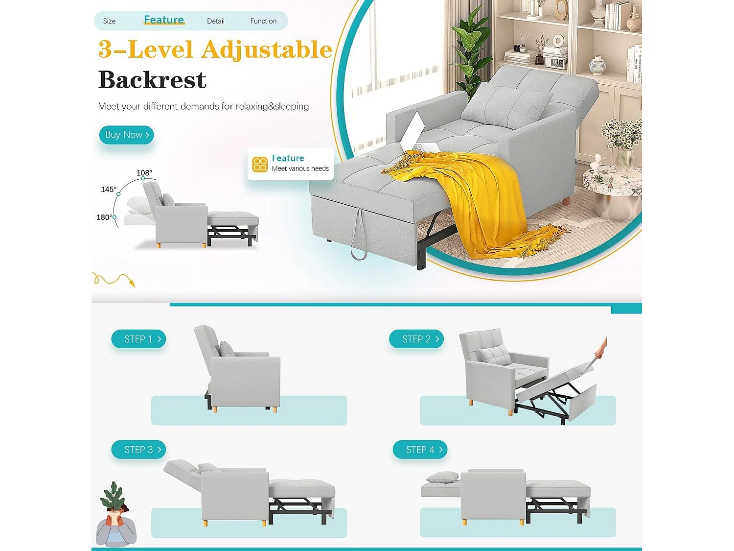 YODOLLA Einzel-Sofa, Bett, Stuhl, 3-in-1-Sessel, wandelbar, verstellbare Stühle, Bett für kleine Räume mit Seitentasche, Grau