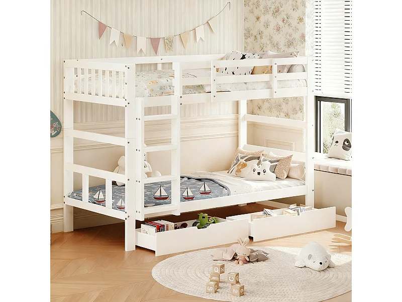 Lits superposés séparables  - 2 x 90 x 190 cm - lit 90x200 cm avec sommier à lattes - Avec tiroir rangements - blanc